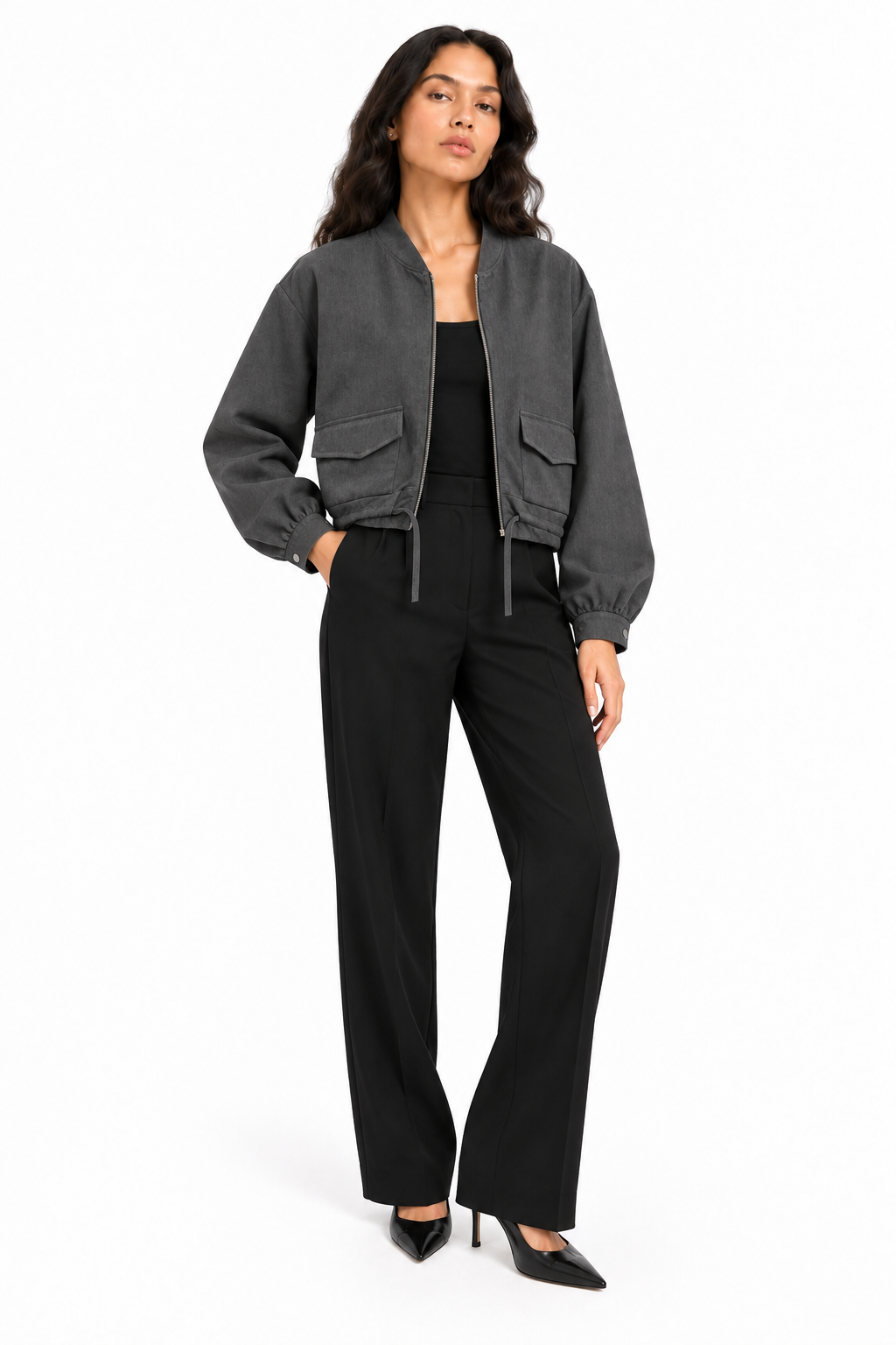 Giacca Bomber Cropped Grigio Antracite con Coulisse