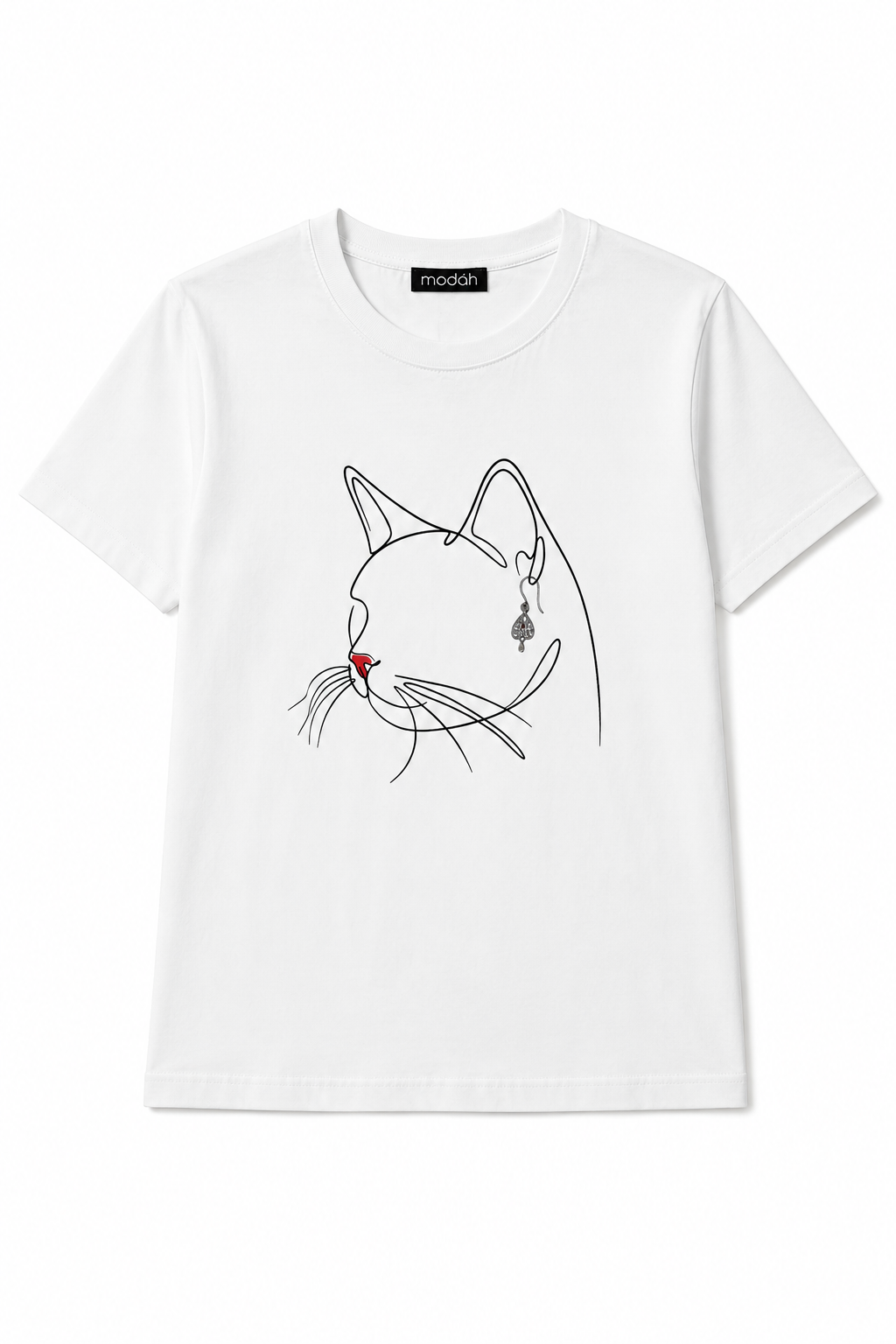 T-shirt Gatto con Line Art e Dettaglio Gioiello