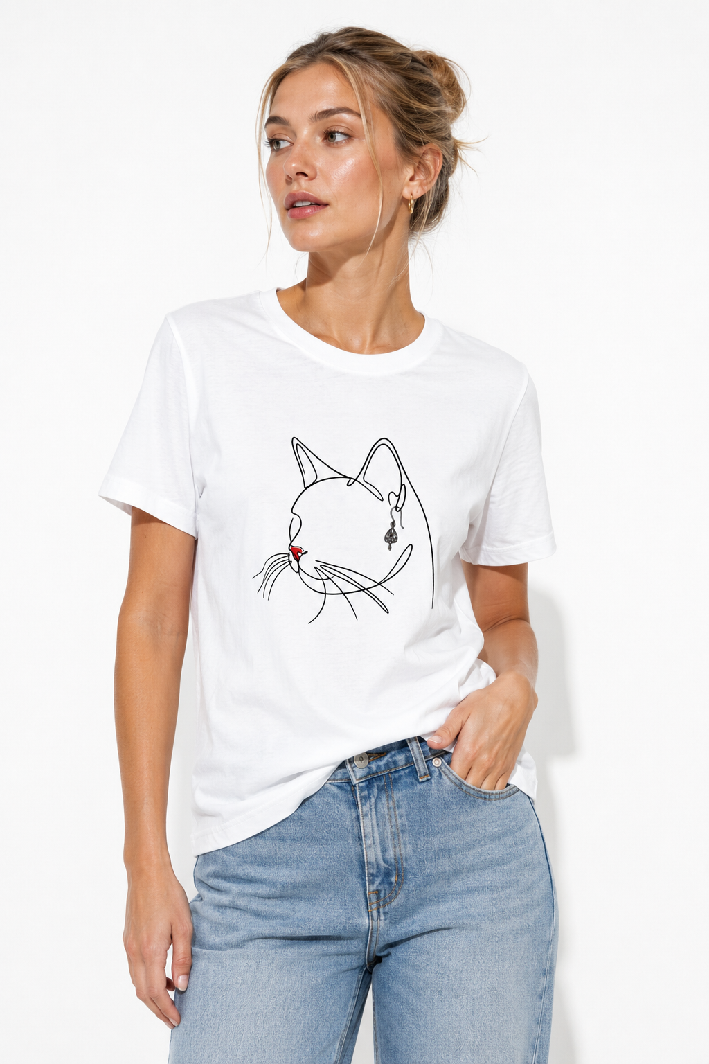 T-shirt Gatto con Line Art e Dettaglio Gioiello