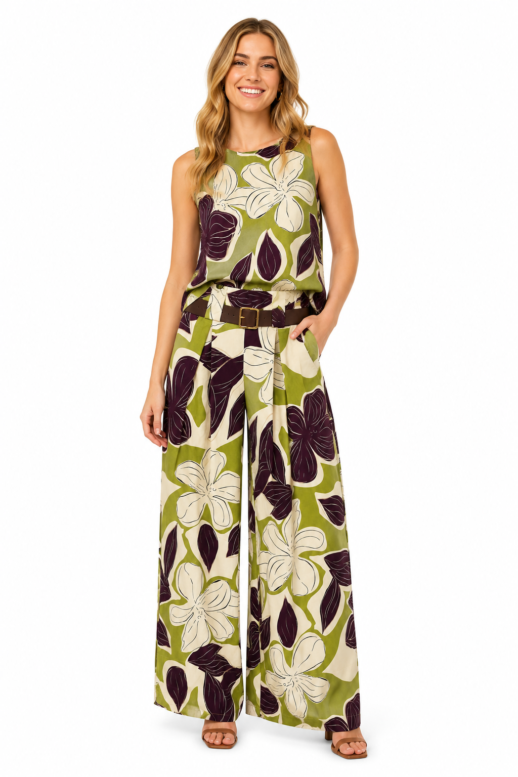 Pantaloni Palazzo Floral Bloom con Cintura Verde