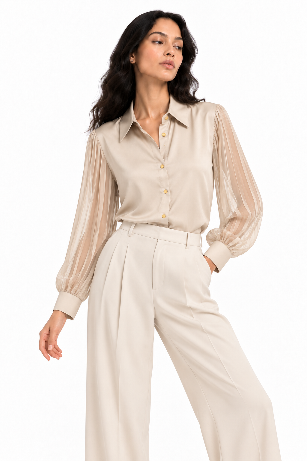Camicia Elegante con Maniche Plissé Beige