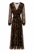 Abito Lungo in Chiffon Floreale Scuro con Cintura