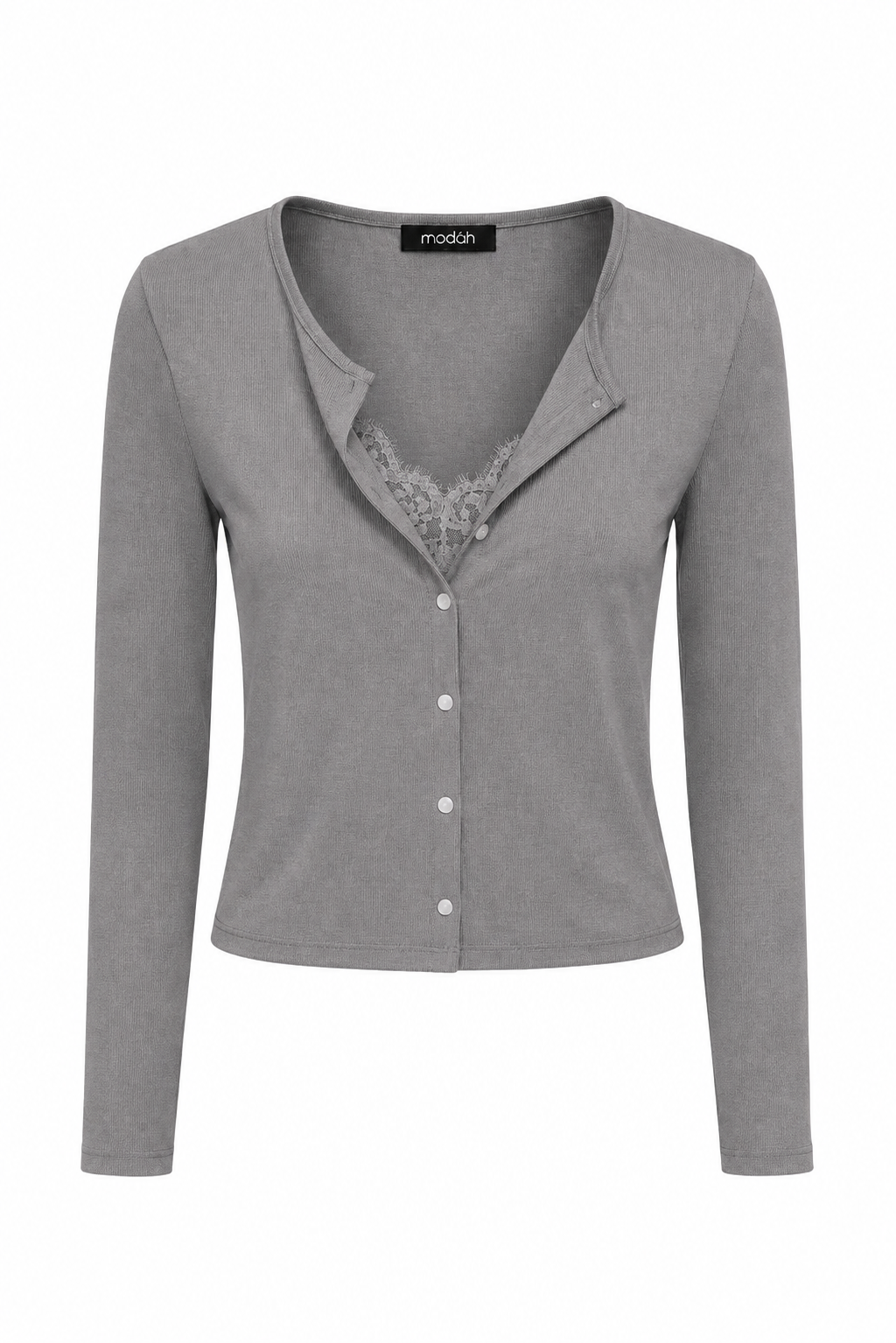 Cardigan Corto in Maglia a Costine con Bordo in Pizzo