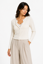 Cardigan Corto in Maglia a Costine con Bordo in Pizzo