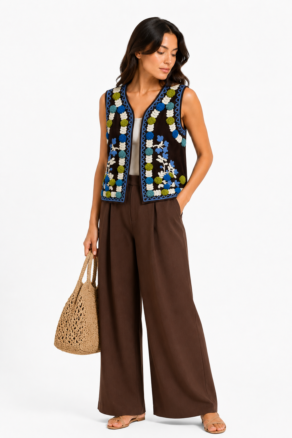 Gilet Ricamato in Stile Folk - Marrone