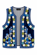 Gilet Ricamato in Stile Folk - Blu
