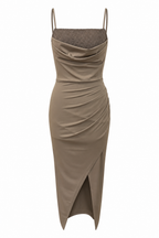 Abito Midi Drappeggiato in Jersey Grigio-Marrone con Corpetto in Pizzo