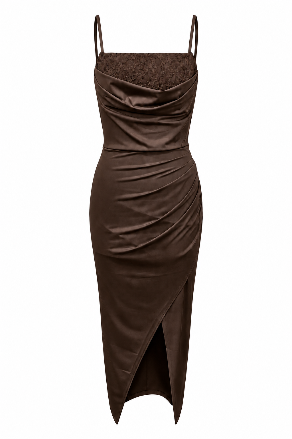 Abito Midi Drappeggiato in Jersey Grigio-Marrone con Corpetto in Pizzo