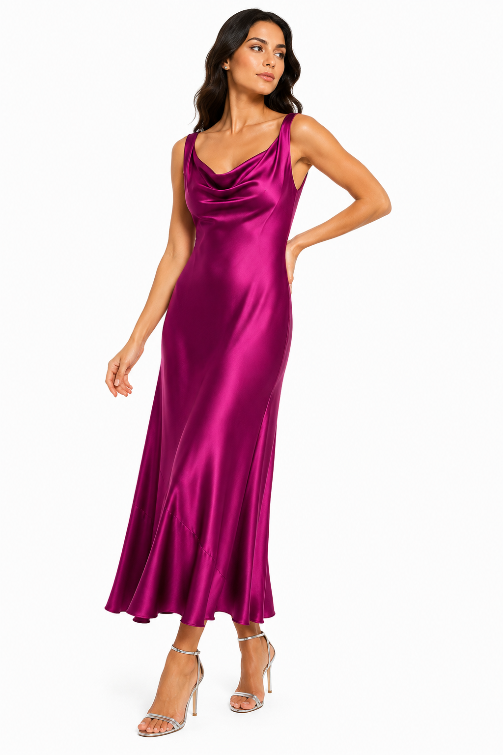 Abito Midi in Raso con Scollo Drappeggiato