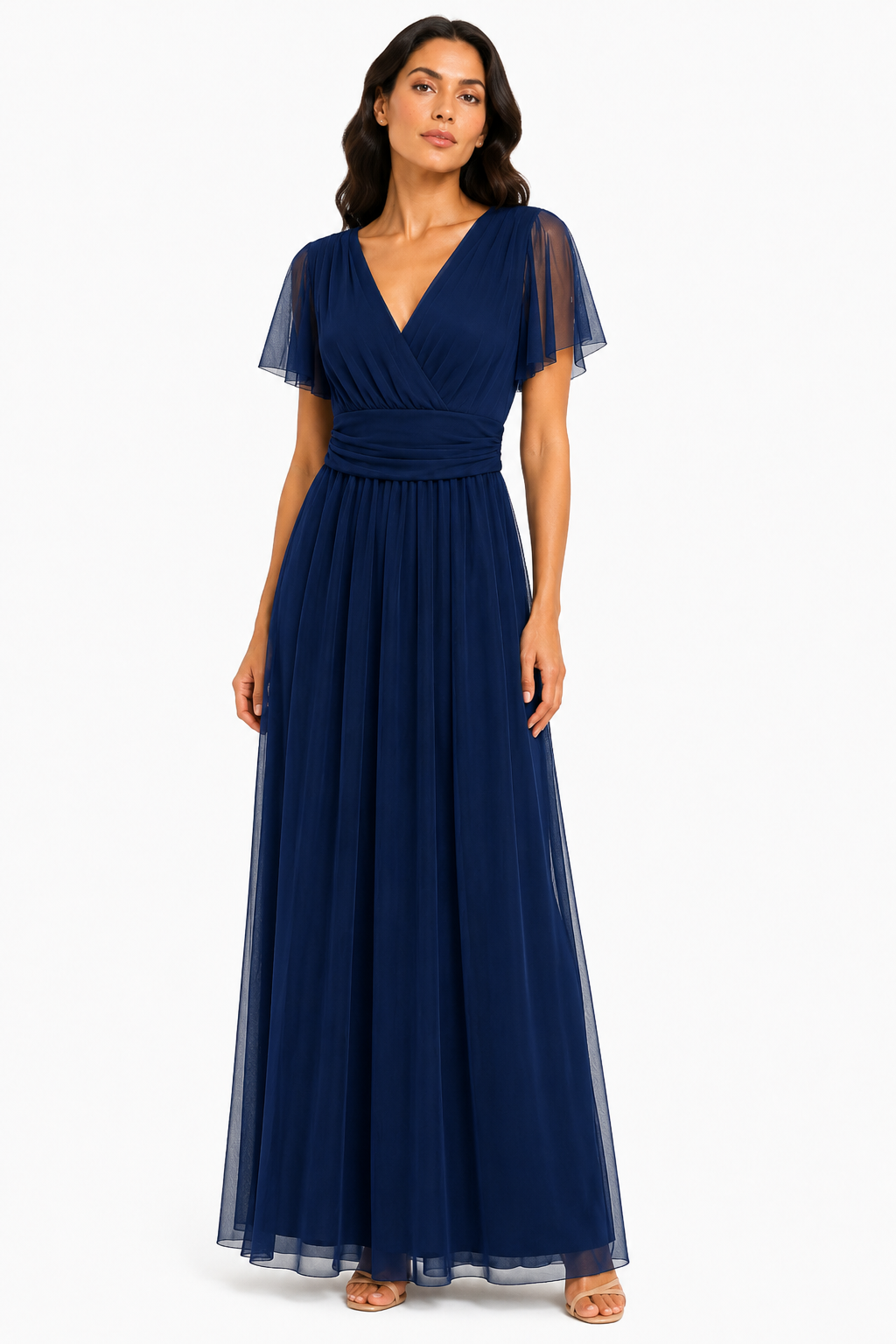 Elegante Abito Lungo in Tulle con Scollo a V
