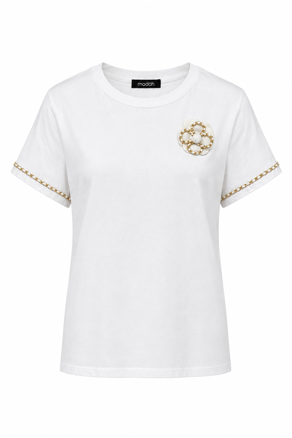 T-Shirt Bianca con Fiore e Dettagli Catena Dorata