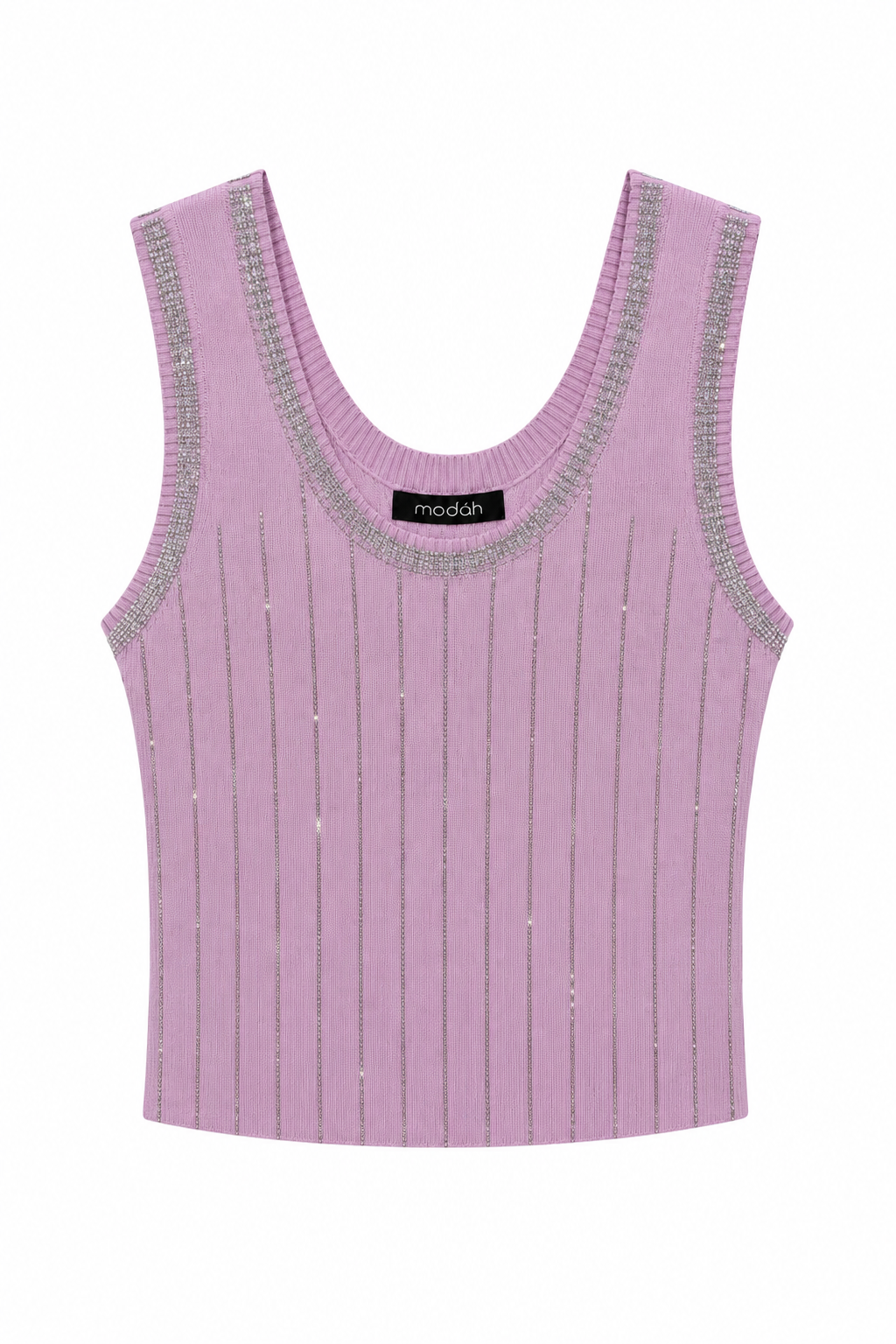 Top Canotta in Maglia a Costine con Righe di Strass