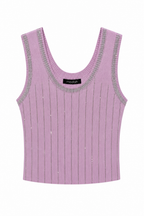 Top Canotta in Maglia a Costine con Righe di Strass