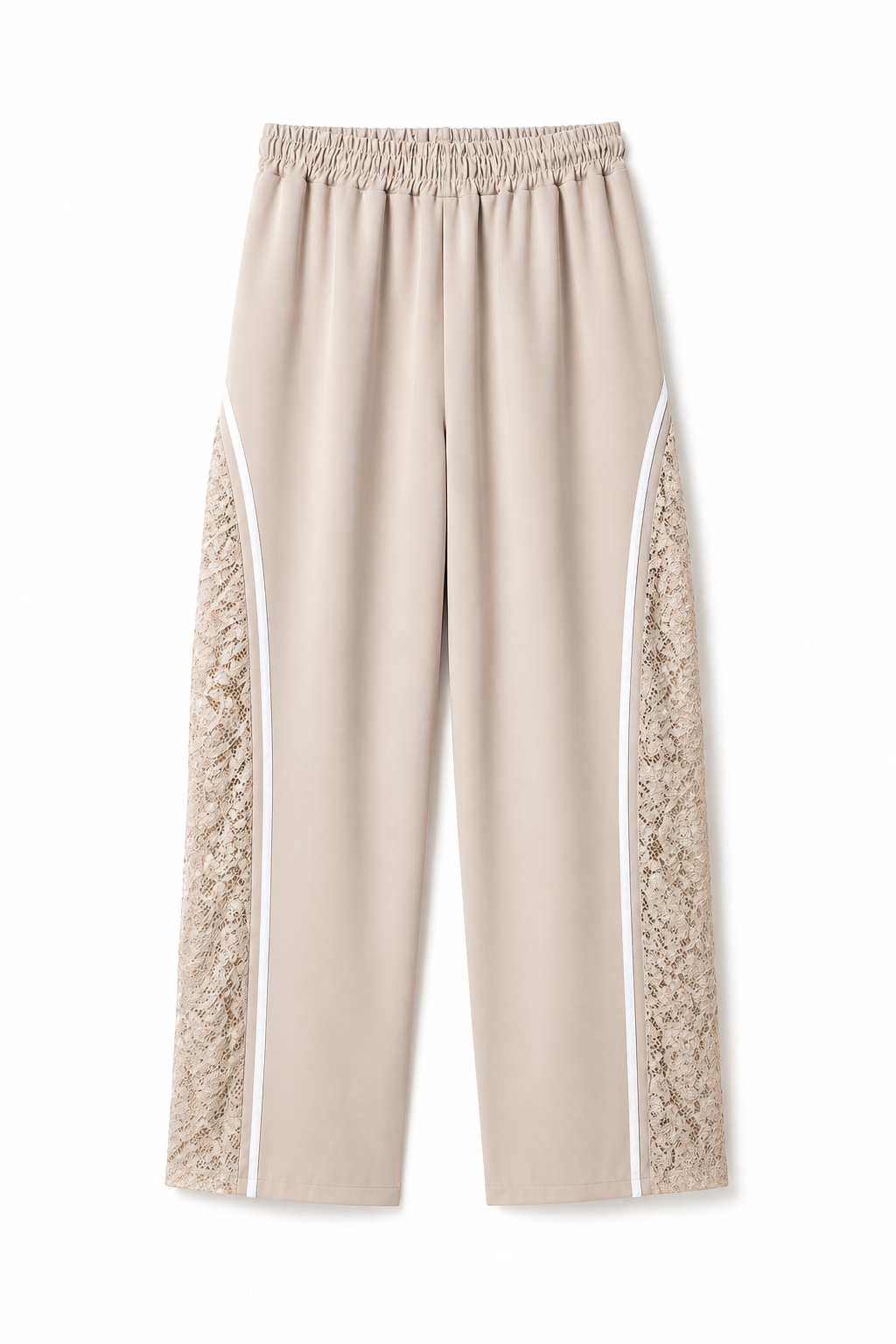 Pantaloni Fluidi Wide-Leg con Inserti in Pizzo e Bande Laterali