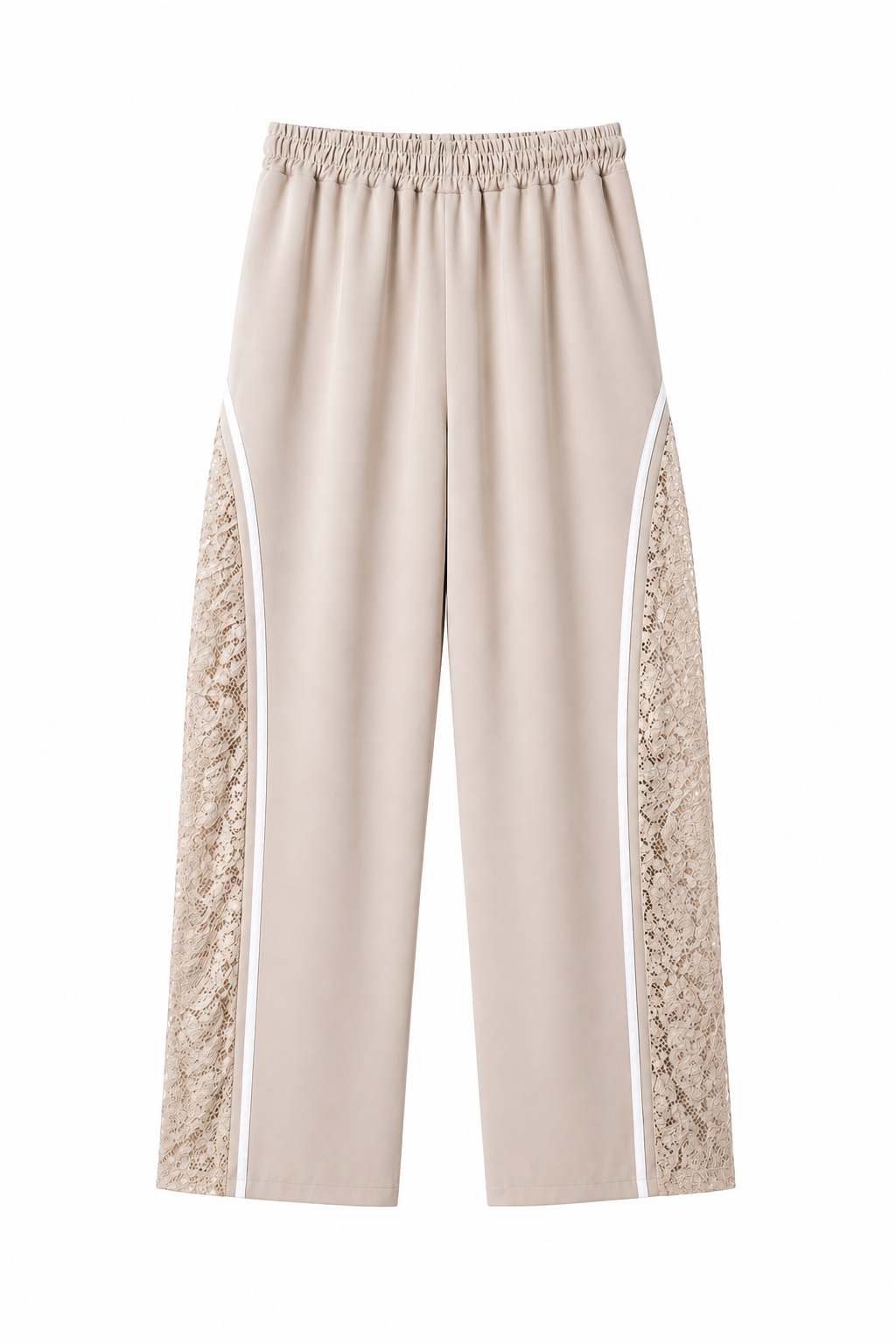 Pantaloni Fluidi Wide-Leg con Inserti in Pizzo e Bande Laterali