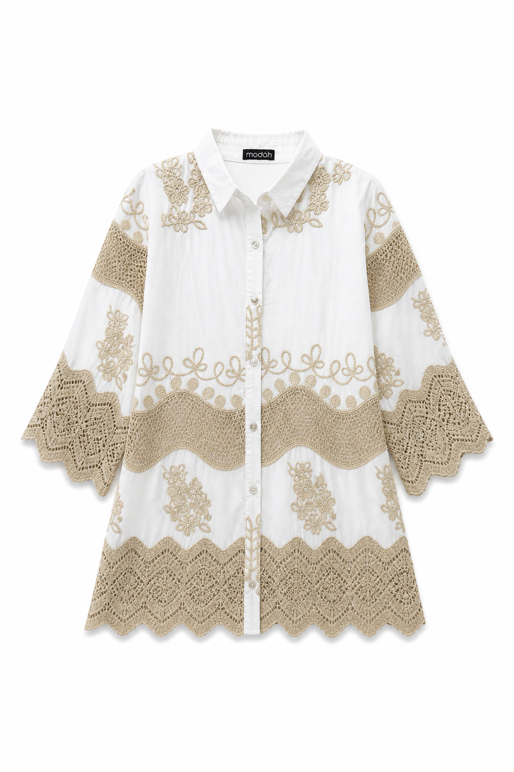 Camicia Bianca in Cotone con Ricami e Crochet