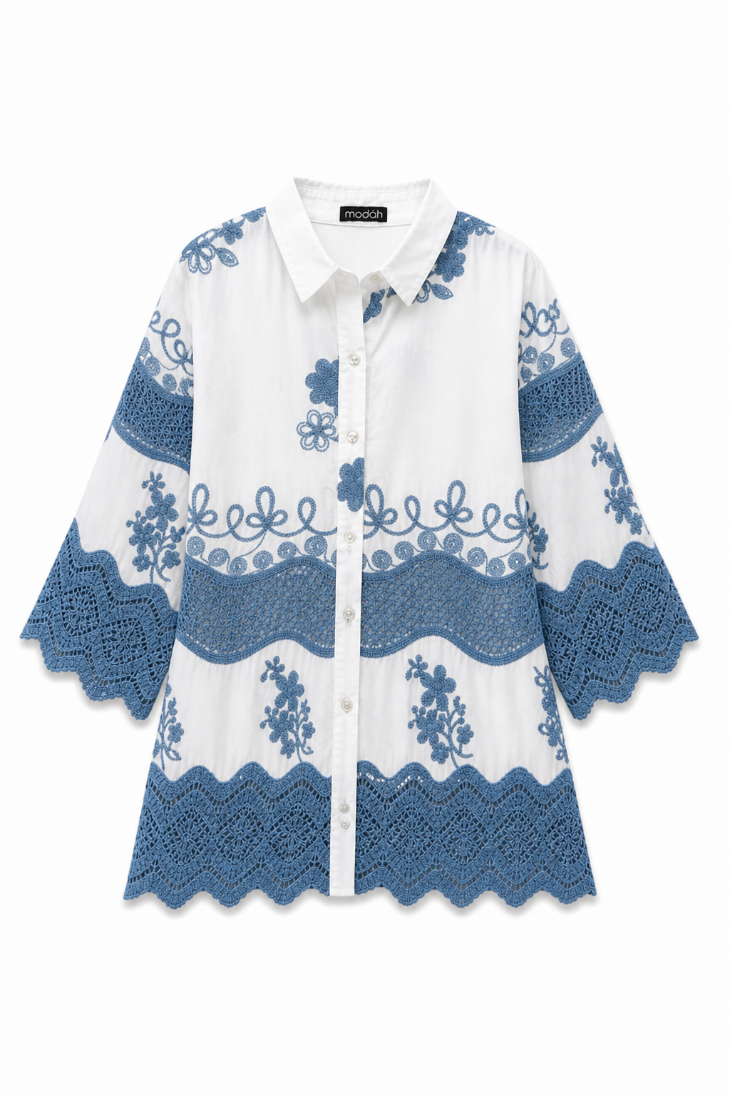 Camicia Bianca in Cotone con Ricami e Crochet