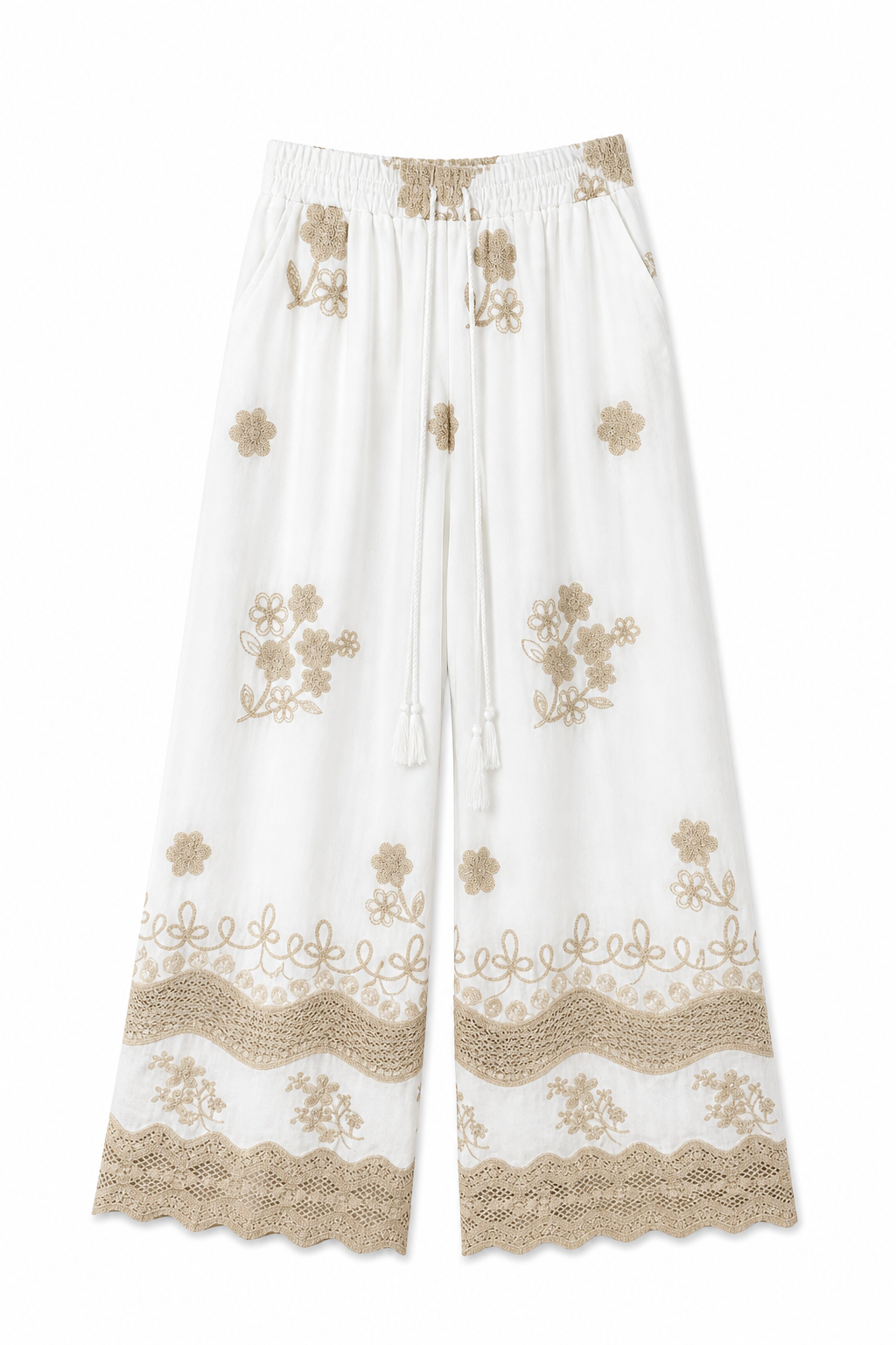 Pantalone Palazzo Bianco con Ricami e Crochet