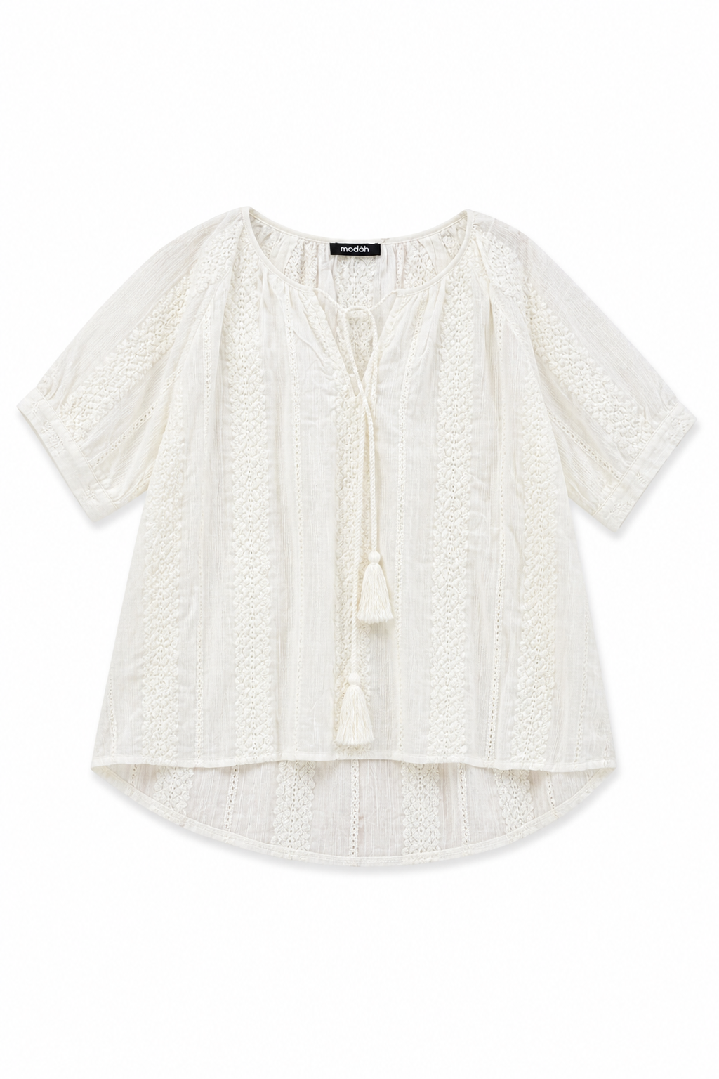 Blusa Boho-Chic a Righe e Ricami con Nappine