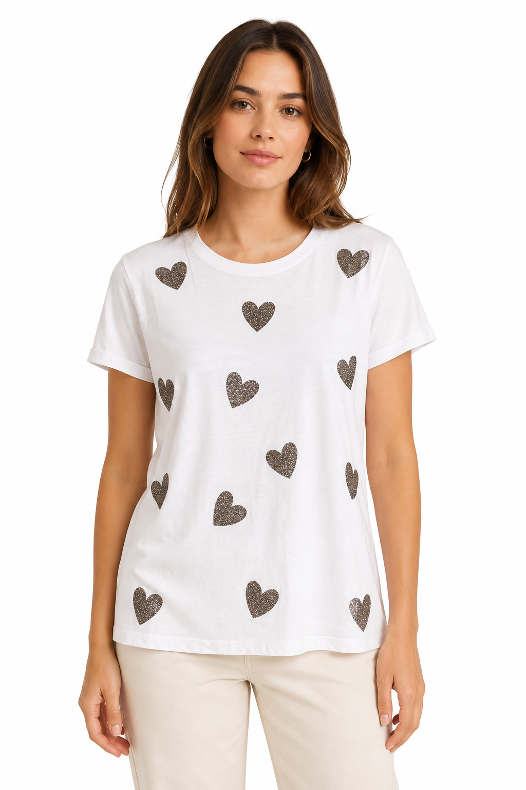 T-shirt con Pattern a Cuori Glitterati