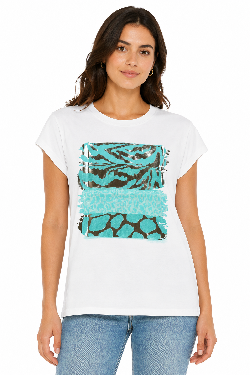T-shirt con Mix di Stampe Animalier e Foil Argento