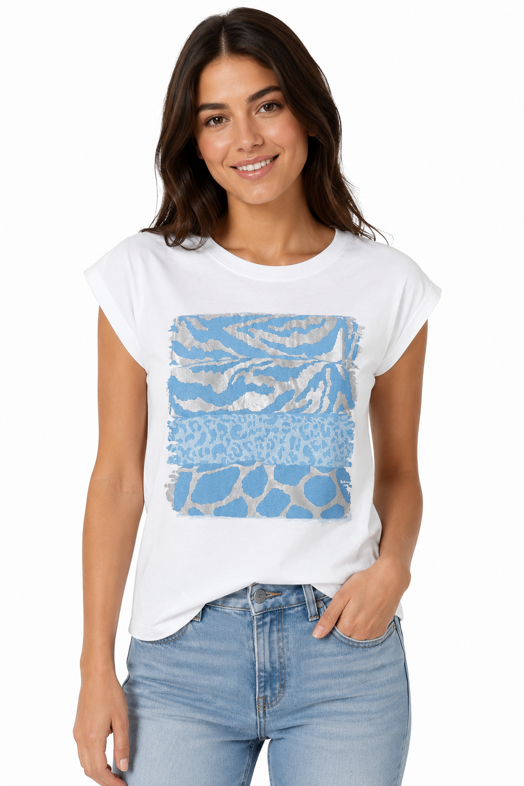 T-shirt con Mix di Stampe Animalier e Foil Argento Celeste
