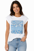 T-shirt con Mix di Stampe Animalier e Foil Argento Celeste