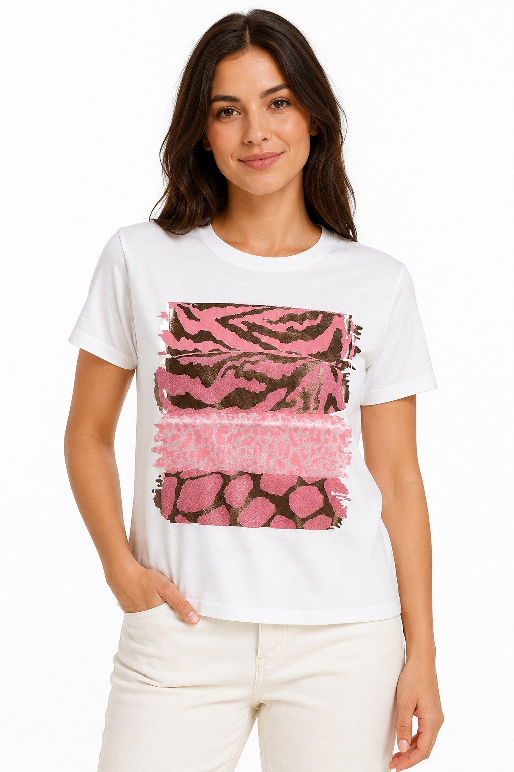 T-shirt con Mix di Stampe Animalier e Foil Argento