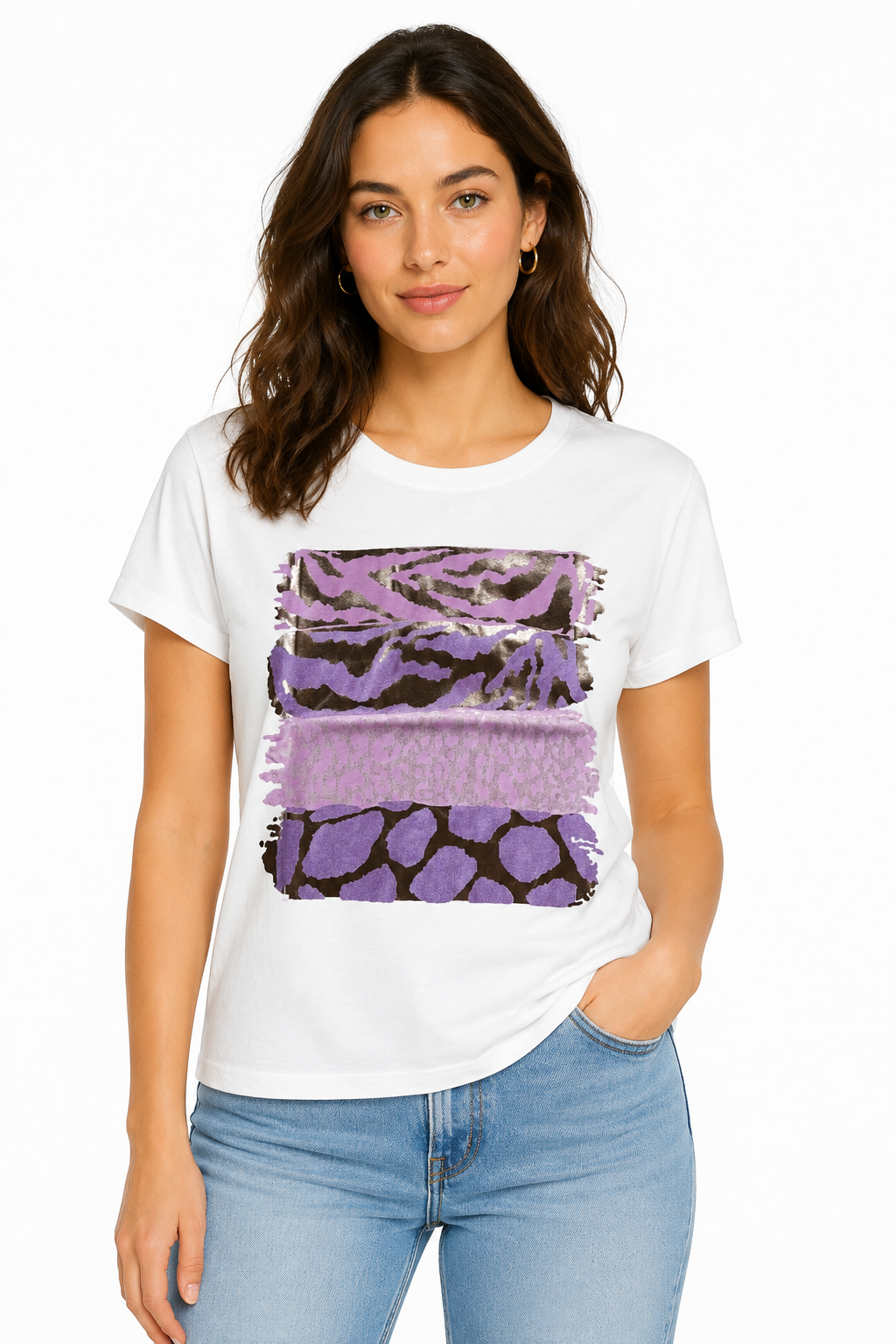 T-shirt con Mix di Stampe Animalier e Foil Argento