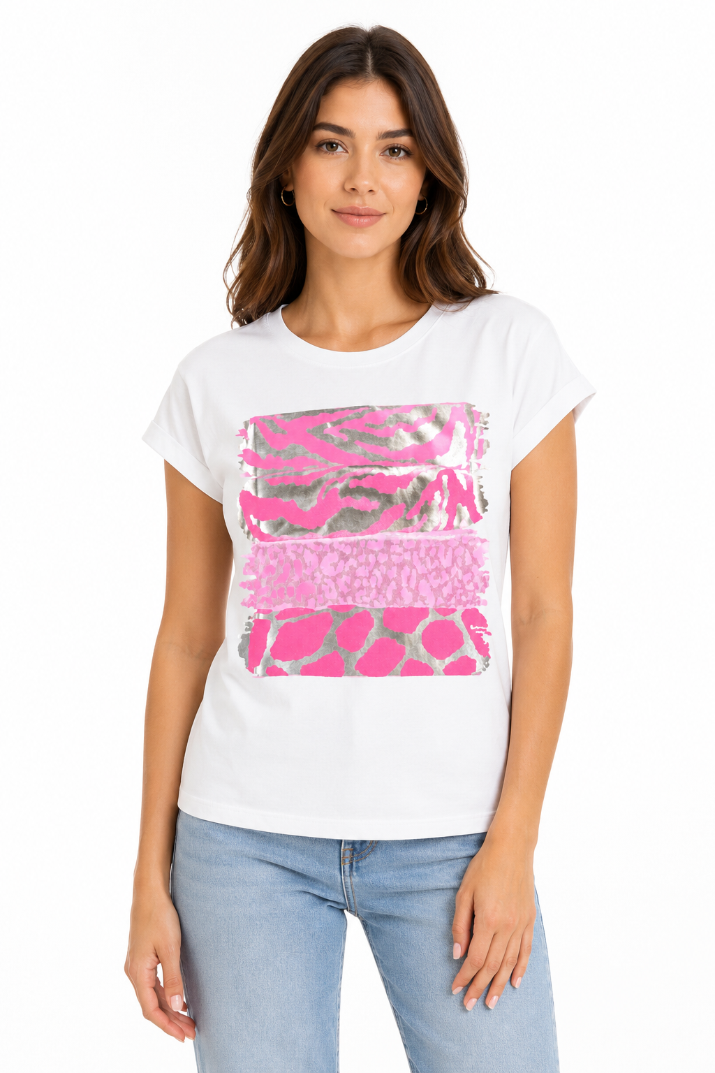 T-shirt con Mix di Stampe Animalier e Foil Argento