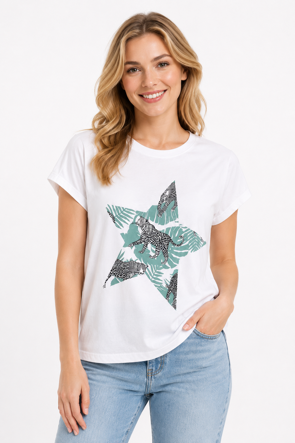 T-shirt con Grafica Stella Giungla e Leopardi