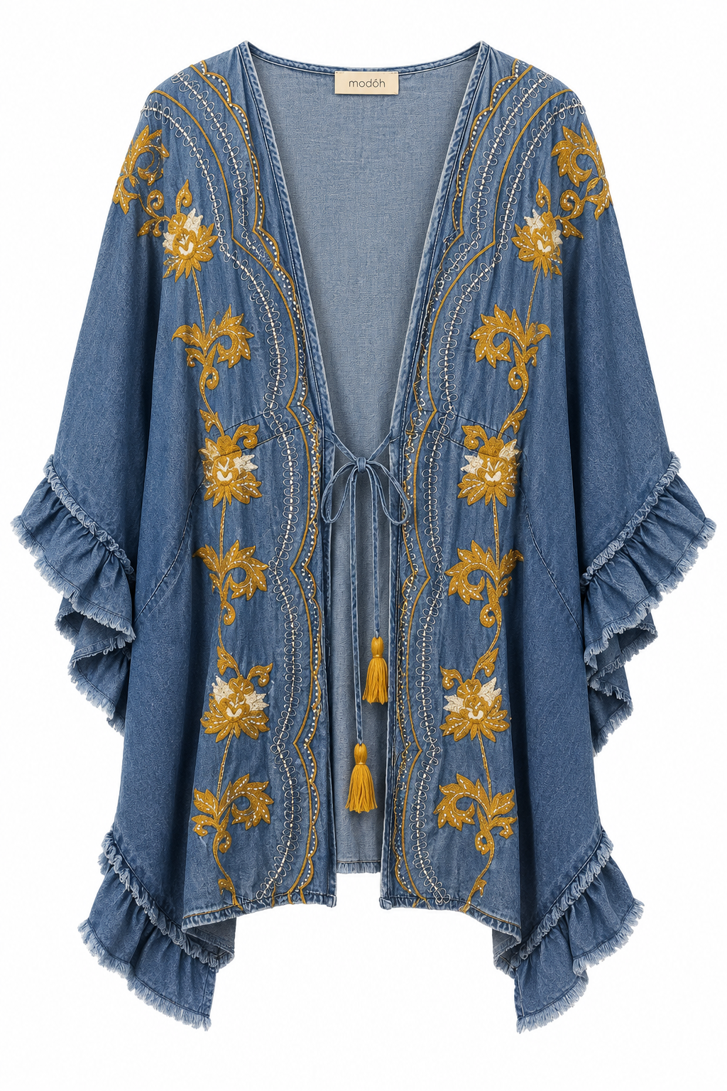 Kimono in Denim con Ricami Floreali Senape e Volant Boho