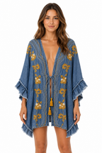 Kimono in Denim con Ricami Floreali Senape e Volant Boho