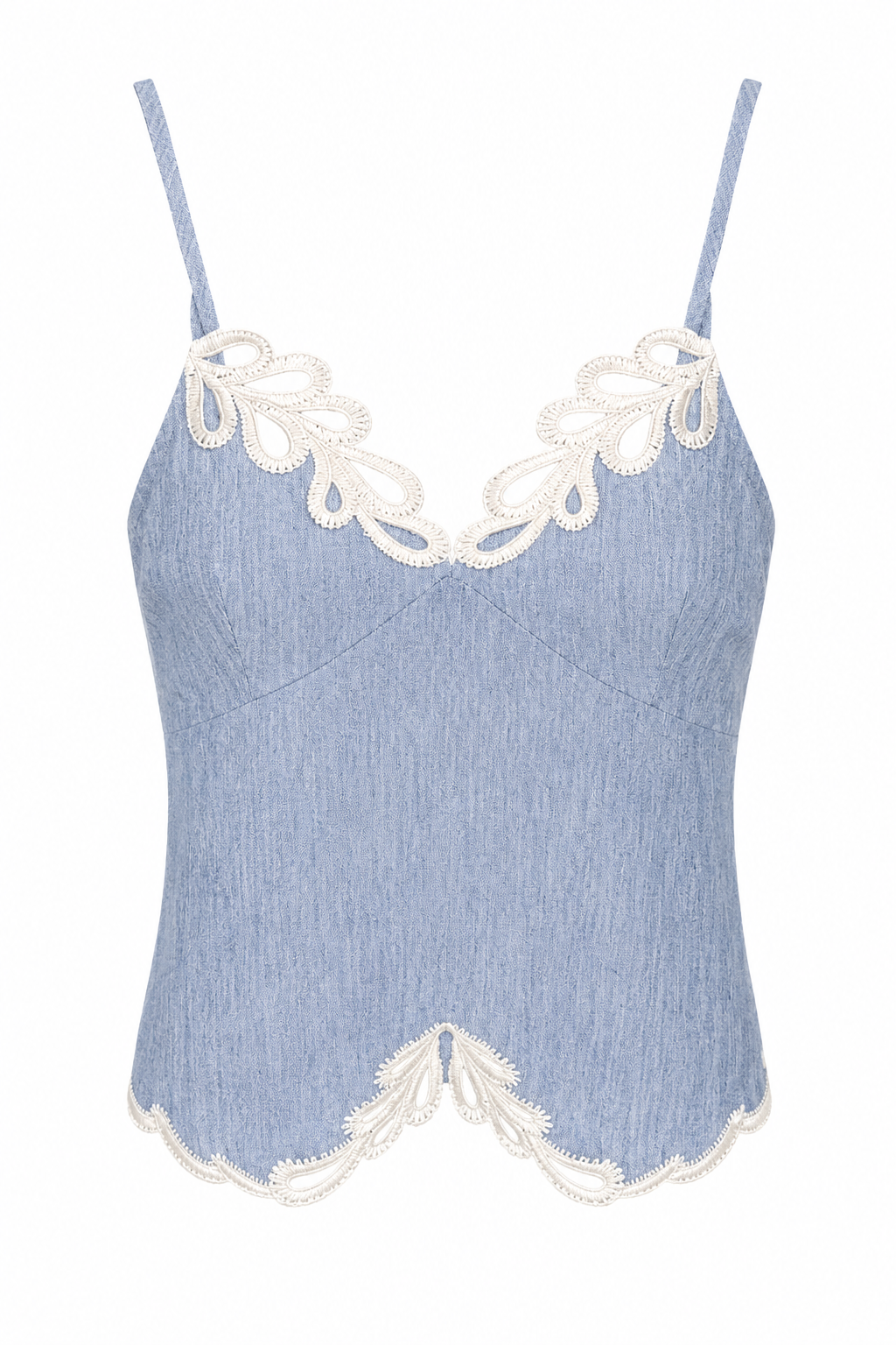 Crop Top in Denim Leggero con Ricami in Pizzo Macramè