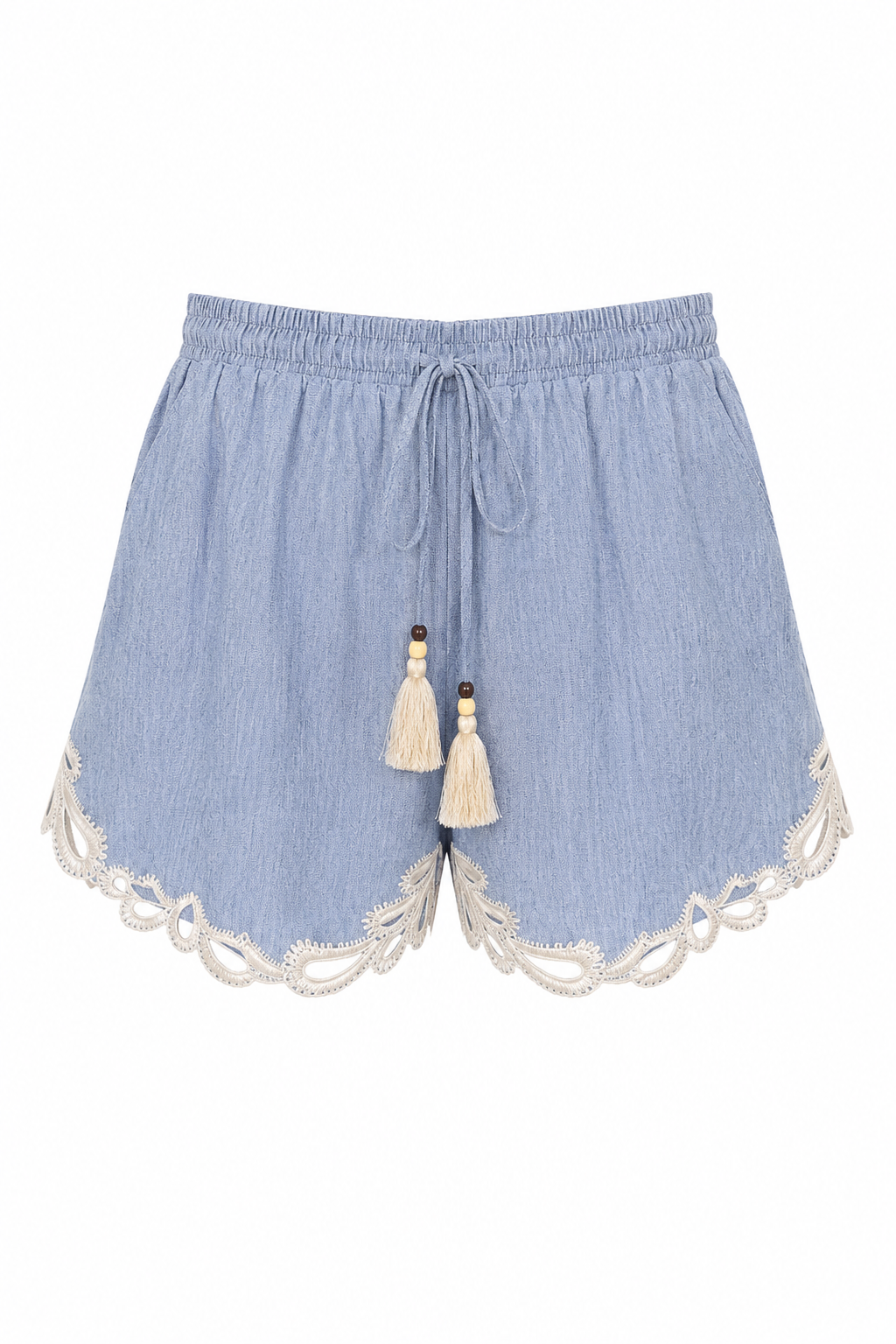 Shorts in Denim Leggero con Bordo in Pizzo Macramè