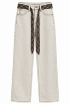 Jeans Ecrù con Cintura a Scacchi Marrone