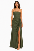 Abito Lungo Strapless Satinato con Arricciatura Drapé