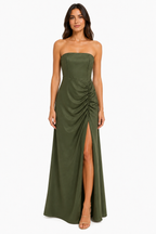 Abito Lungo Strapless Satinato con Arricciatura Drapé