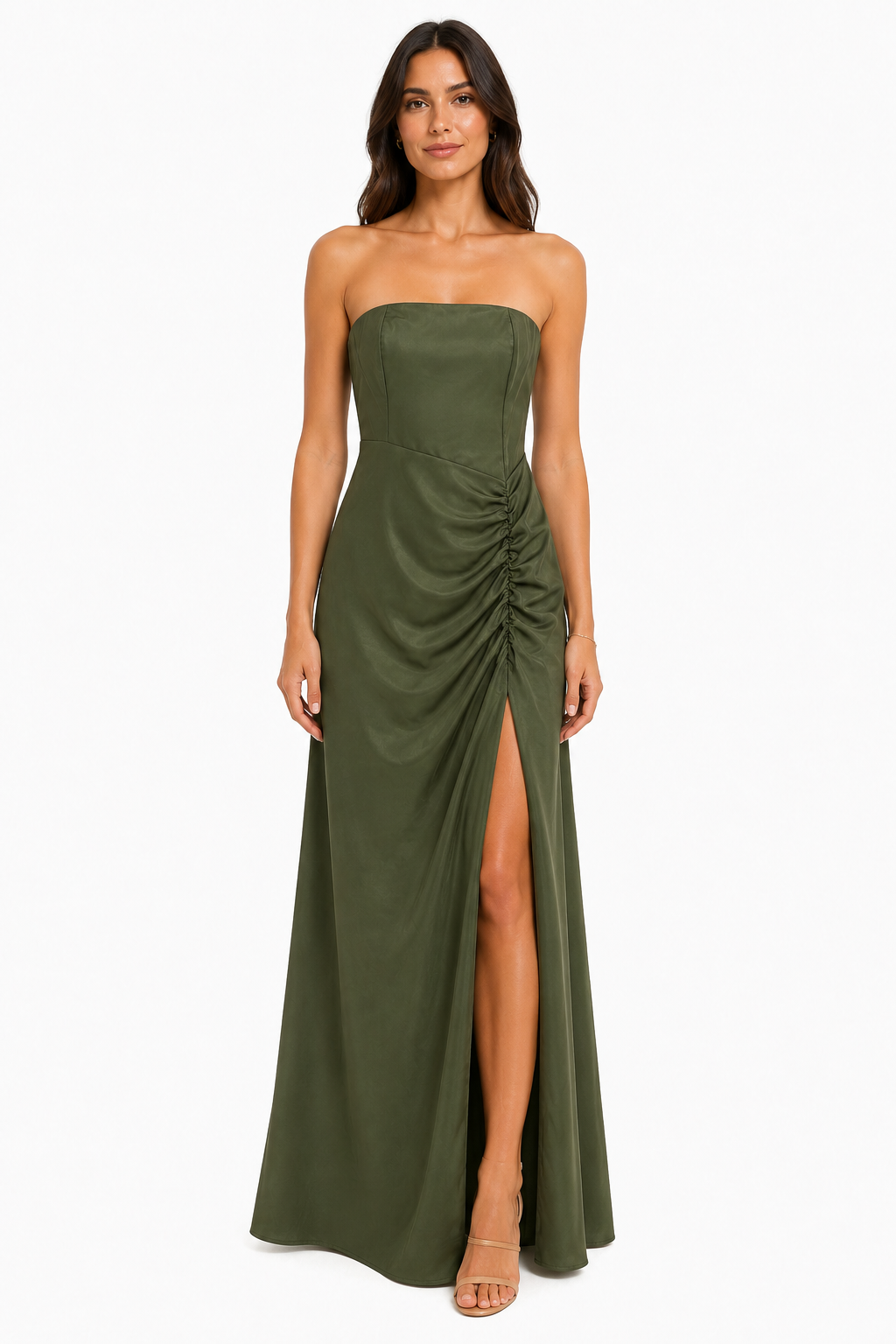 Abito Lungo Strapless Satinato con Arricciatura Drapé