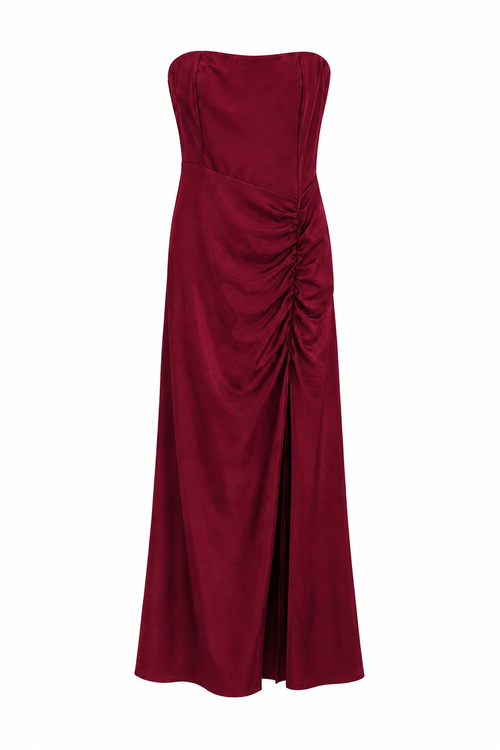 Abito Lungo Strapless Satinato con Arricciatura Drapé