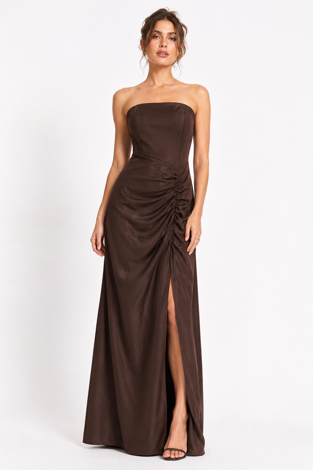 Abito Lungo Strapless Satinato con Arricciatura Drapé