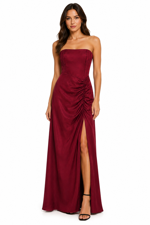 Abito Lungo Strapless Satinato con Arricciatura Drapé