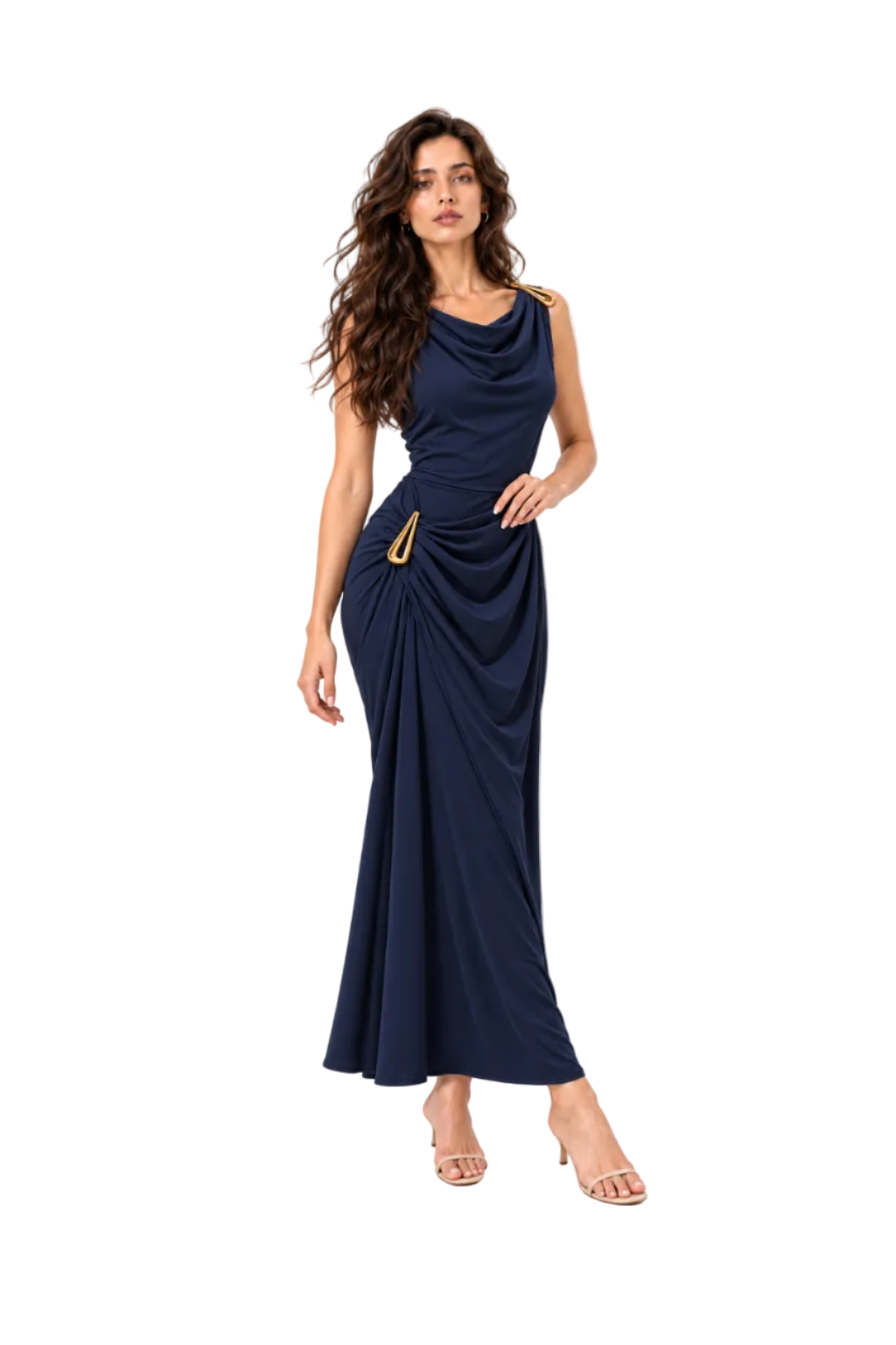 Abito Lungo con Dettagli Dorati Blu navy