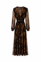 Abito Lungo in Chiffon Floreale Scuro con Cintura