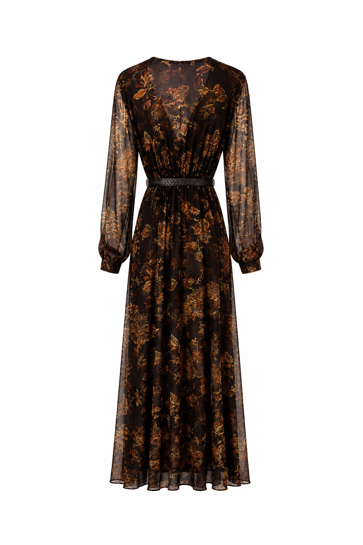 Abito Lungo in Chiffon Floreale Scuro con Cintura