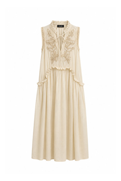 Abito Lungo Boho-Chic con Ricami Beige