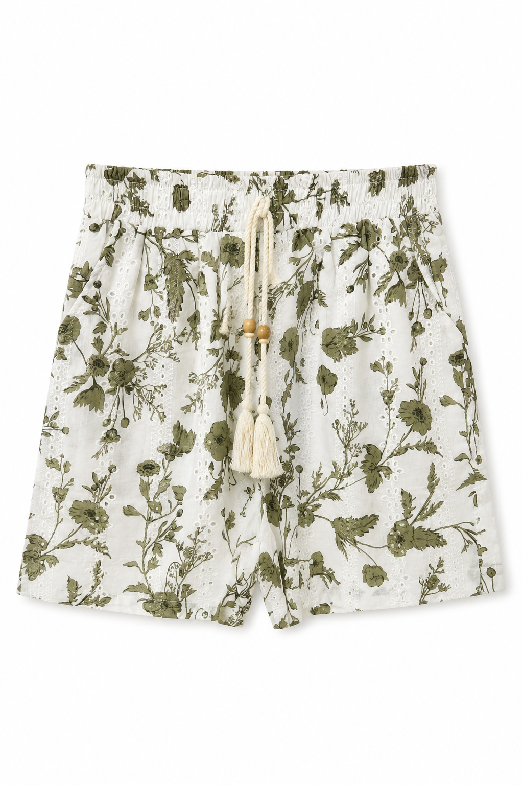 Shorts in Sangallo con Stampa Botanica e Coulisse