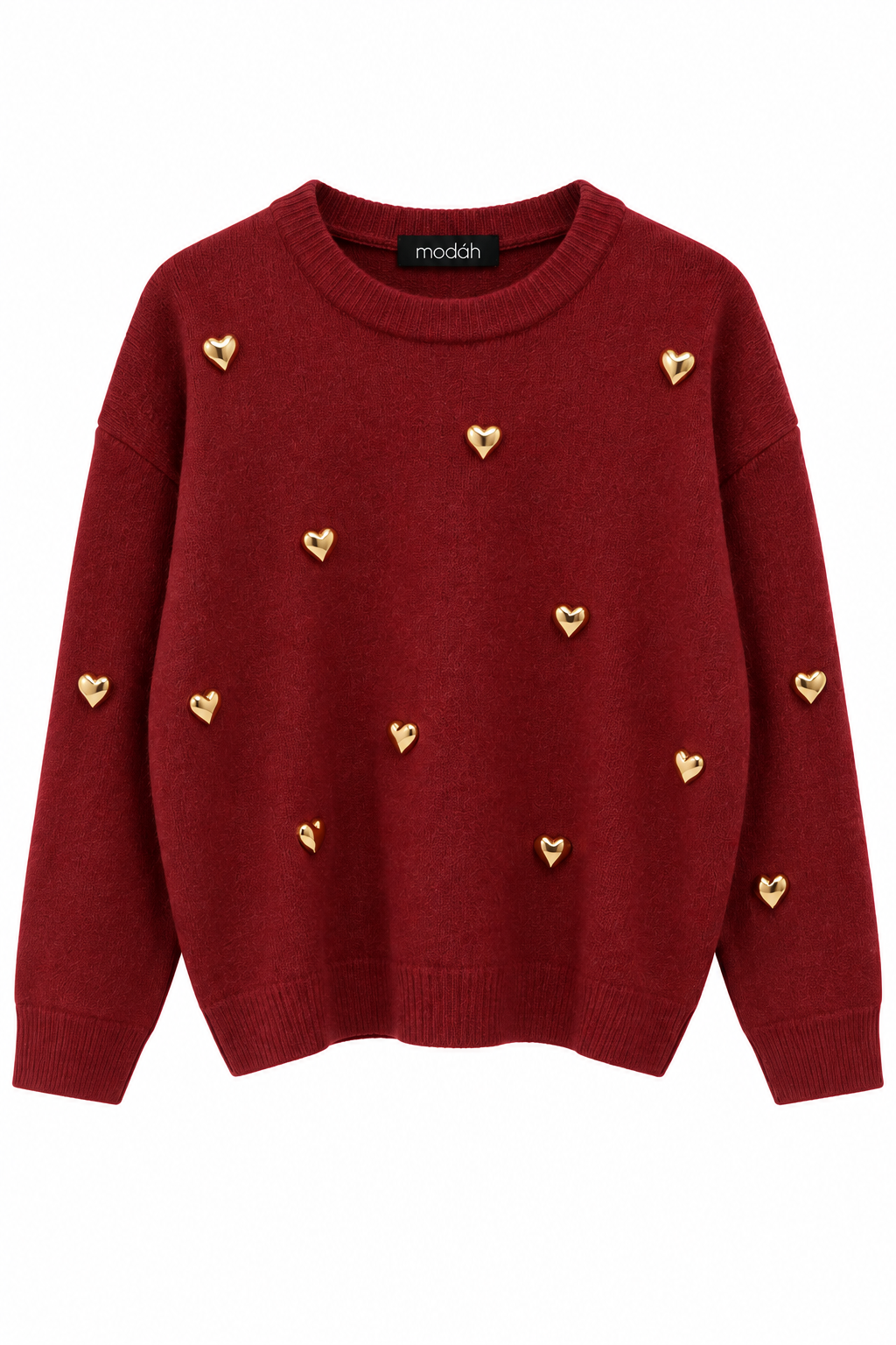 Maglione Girocollo con Cuori Dorati Applicati