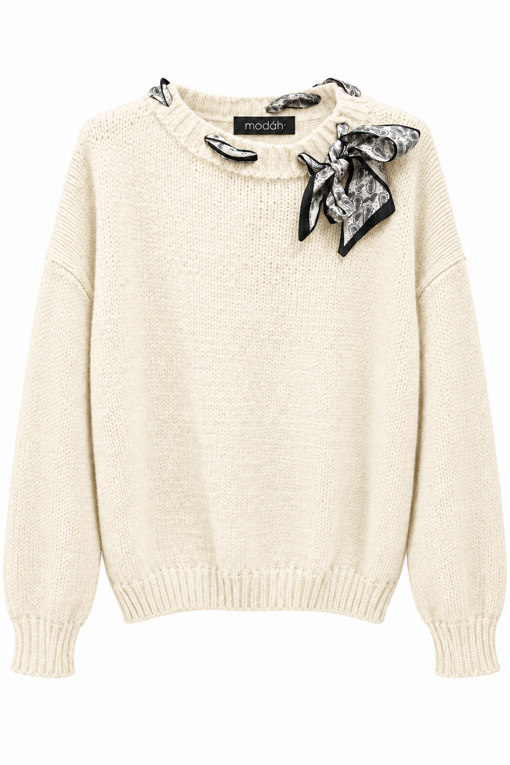 Maglione Girocollo Grigio con Foulard Paisley Integrato
