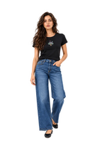 Jeans Wide Leg Blu Medio a Vita Alta con Orlo Sfilacciato